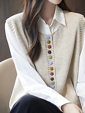 cheap Sweater Vest-Women&#039;s Sweater Sweater Vest Streetwear Casual Solid Color Crew Neck Buttons Knitted Sleeveless Regular Tops Knit Daily Holiday Going out Black Red Fall Winter