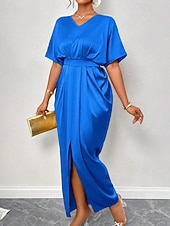 abordables Robe de cocktail-Femmes Robe Longue Maxi Robe Robe de Soirée Robe de Cocktail Robe en Satin Élégant Moderne Soirée Coupe régulière Uni Manche Courte Col en V Noir Jaune Bleu Roi Vert foncé Automne Hiver