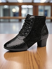 levne Taneční boty-Dámské červeno-černé šněrovací taneční boty - imitace kůže s krokodýlím vzorem na nízkém podpatku, taneční boty