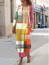 preiswerte Streifen- und geometrisches Kleid-Damen Midikleid Etui-Kleid T-Shirt-Kleid Urlaub Lässig Boho Ferien Date Normale Passform Grafik Geometrisch Abstrakt Langarm Rundhalsausschnitt Gelb Rosa Blau Purpur Frühling Herbst Winter