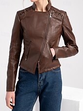 economico Pellicce &amp; Pelli-Per donna Giacca in Ecopelle Confortevole Cerniera Tasca Casual Semplice Vacanza Abbigliamento quotidiano Uscire Weekend Regolare Collo ripiegato Vestibilità regolare Manica Lunga Capispalla Nero