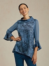 abordables Chemises et blouses-Chemisier femme gris bleu fleuri col montant manches à empiècements transparents ourlet asymétrique coupe confortable décontracté vacances printemps été automne