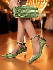cheap Cocktail-Women&#039;s Green Rhinestone Heels and Matching Clutch Bag Set - Elegant Pointed Toe Pumps with Ankle Strap for Formal Events and Cocktail Parties