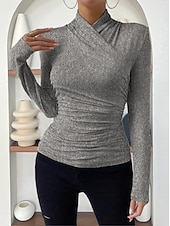 preiswerte Damen Einfache Oberteile-Damen Bluse Einfarbig Stilvoll Lässig Langarm V Ausschnitt Normale Oberteile Täglich Gerafft Schwarz Weiß Aprikose Grau Frühling Herbst Winter
