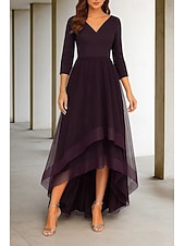 preiswerte Lässige / Tageshochzeit-High-Low-Kleid Brautkleider A-Linie V-Ausschnitt 3/4-Ärmel Teelänge Stretchstoff Brautkleider mit Rüschen 2025