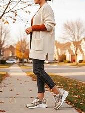 economico Sneakers da donna-sneakers con zeppa dorate da donna – scarpe da ginnastica con plateau e lacci con stampa etnica per abbigliamento casual da strada e viaggi del fine settimana