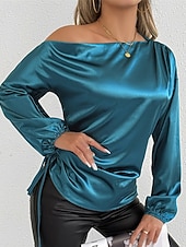  Mulheres Camisa Social Elegant Elegante Top de cetim Assimétrico Côr Sólida Elegante à moda Básico Manga Longa Ombro a Ombro ombro frio Tops regulares Diário Para Noite Azul Primavera Outono