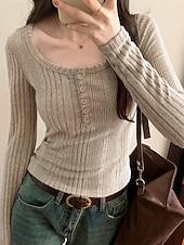 preiswerte Einfarbiges T-Shirt-Damen Bluse Knöpfe Einfarbig Stilvoll Lässig Langarm Rundausschnitt Normale Oberteile Täglich Marineblau Dunkelgray Grau Frühling Herbst Winter