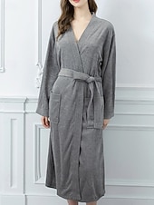 billiga Loungewear till damer-Dam Pyjamas Morgonrock Ledigt Ren färg Ficka Hem Säng Långärmad V-hals Vit Rodnande Rosa Marinblå Blå Grå Höst Vinter Skräddarsydd passform