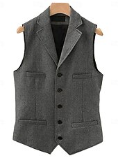 preiswerte Herrenweste-Herren Tweedweste Weste Formell Hochzeit Urlaub Täglich Mode Klassisch Frühling Herbst Tasche Knöpfe Tweed Polyester Bequem Einfach Fischgrätenmuster Einreihig Reverskragen mit Schlitz Normale