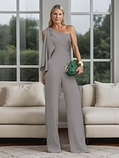 Недорогие Полуформальный / Коктейль-Комбинезон  брюки для матери невесты Элегантное простое минималистичное платье с одним плечом длиной до пола из полиэстера без рукавов с бантом/рюшами однотонного цвета