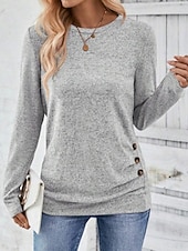 billiga Enkel t-shirt-Dam Blus Ensfärgat Tropisk Stylish Ledigt Långärmad Rund hals Vanliga toppar Dagligen Knappar Rodnande Rosa Himmelsblå Grön Grå Sommar Vår Höst