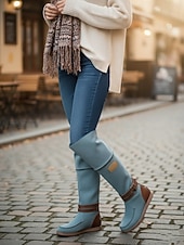preiswerte Modische Stiefel-Kniehohe Stiefel aus Wildleder für Damen mit Keilabsatz und Schnallenriemen - Freizeitstiefel im Bohème-Stil in Jeansblau