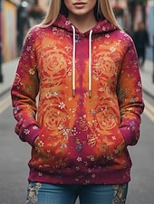 Недорогие Графический магазин Свитшоты и Худи-Жен. Pullover Худи Роуз Мода Уличный стиль На каждый день Длинный рукав Капюшон Обычные топы На каждый день Повседневные Спорт Кулиска Карман С принтом Красный Пурпурный Весна Осень