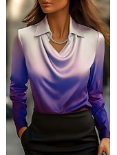 preiswerte Elegante Oberteile-Damen Hemd Ombre Grafik Geometrisch Elegant Stilvoll Modern Langarm Wasserfallausschnitt Normale Oberteile Arbeit Party-Abendmode Täglich Gerafft Drapiert Weiß und Blau Blau Violett Frühling Herbst