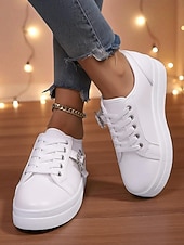 cheap Women's Sneakers-Women's Silver Metallic Lace-Up Sneakers with Rhinestone Buckle - Fashion Casual Shoes for Nightlife Parties and Club Outfits