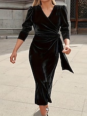 abordables Robe de cocktail-Femmes Robe Midi Robe en Velours Robe de Soirée Robe de Cocktail Élégant Mode Moderne Soirée Date Coupe régulière Uni manche longue Col ras du cou Noir Vin Vert Bleu de minuit Automne Hiver