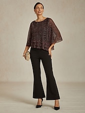 cheap Dressy Tops-Women&#039;s Blouse Dressy Tops Flowy Tops Chiffon Tops Elegant Vintage Stylish 3/4 Length Sleeve Crew Neck Boat Neck Work Daily Date Night Outfits Sequins Pleated Patchwork Wine Spring Fall