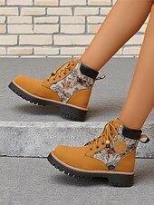 baratos Botas de combate-Botas femininas amarelas com cadarço e painéis de tecido jacquard – calçados estilosos para caminhadas, ideais para outono, inverno e looks casuais para atividades ao ar livre