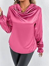 Недорогие Нарядные блузки-Жен. Рубашка Elegant Нарядный Атласный верх Драпировка Сплошной цвет Стиль На каждый день Длинный рукав Вырез-хомут Обычные топы Повседневные На выход Черный Розовый Зеленый Абрикосовый Весна Осень