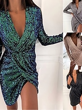 ieftine Rochie neagră pentru femei-Pentru femei Rochii Midi Rochie neagra Rochie cu paiete Rochie de petrecere Rochie casual Elegant Modă Modern În aer liber Petrecere Zilnic Zvelt Simplu Manșon Lung În V Roz Deschis Negru Alb Roz