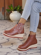 levne Kotníkové boty-Dámské hnědé kotníkové boty na klínku – vyšívané kozačky z umělé kůže na platformě pro běžné nošení a boho outfity