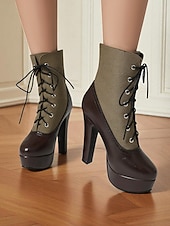 baratos Botas com salto-Botas femininas de salto alto com cadarço cor de vinho – botinhas plataforma estilo brogue vintage com painel de lona para festa e moda de outono