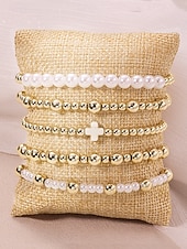 cheap Women's Bracelet-Women's Pearl and Gold Bead Bracelet Set – 6Pcs Stretch Layered Beaded Bangles, Elegant Fashion Jewelry for Parties, Weddings &amp; Daily Wear