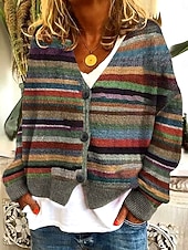 abordables Cardigans et vêtements d&#039;extérieur-Femmes Pull Cardigan Élégant ancien Mode Fleuri Géométrique Rayé Col en V Patchwork Avec Poches Tricoté manche longue Hauts Réguliers Tricoter Extérieur Quotidien Week-end Rouge vin Marron Automne