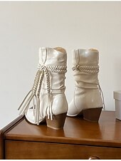 baratos Cowboy &amp; Western Boots-Botas femininas de camurça boêmia de cano médio com design de borlas trançadas e salto grosso - calçado casual estilo retrô western para festas e festivais