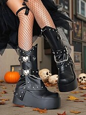 levne Pro ženy-Dámské gotické kozačky na platformě do poloviny lýtek, punk rock, nýtový řetízek, černobílé boty na halloweenskou párty, cosplay kostým, noční klub, streetwear a gotickou módu
