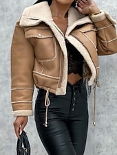 Χαμηλού Κόστους Μπουφάν από συνθετικό δέρμ-Γυναικεία Jeci Piele Διατηρείτε Ζεστό Άνετο Τσέπη Κουμπιά Καθημερινό Σκέτο Διακοπές Causal Καθημερινά Ρούχα Εξόδου Κοντό Απορρίπτω Κανονικό Μακρυμάνικο Εξωτερικά ενδύματα Μαύρο Χακί Μπεζ