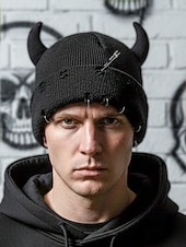 halpa Halloween-asusteet-unisex halloween-paholaisen sarvineulepipo – goottilainen punk-kallomyssy hakaneulalla ja rengaskorjauksilla miehille ja naisille, juhla-asu