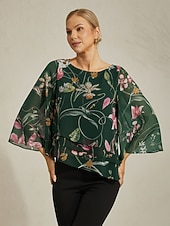 abordables chemises, hauts et chemisiers-chemisier femme mousseline transparente imprimé floral vert manches mi-longues ourlet superposé col rond pull