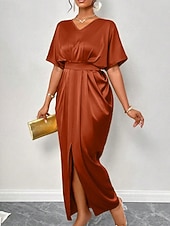 abordables Robe de cocktail-Femmes Robe Longue Maxi Robe Robe de Soirée Robe de Cocktail Robe en Satin Élégant Moderne Soirée Coupe régulière Uni Manche Courte Col en V Noir Jaune Bleu Roi Vert foncé Automne Hiver