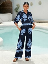 billige damebukser-Dame Unisex Bred Bukseben Bukser Slott Full lengde Bohem Designer Fritid Feriereise Avslappet Blå Sommer Vår S M L