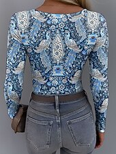 economico T-shirt Boho-Per donna Tunica Floreale Grafico Uccello Vintage Moda Elegante Manica Lunga Collo quadrato Top Regolari Quotidiano Stampato Blu Viola Arancione Verde Primavera Autunno