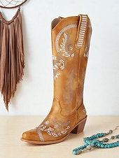 levne Cowboy &amp; Western Boots-Dámské vyšívané kovbojské kozačky do poloviny lýtek s blokovým podpatkem, boty ve westernovém stylu na večírky a festivaly