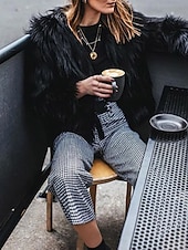 preiswerte Felle &amp; Leder-Damen Kunstpelzmantel Warm Bequem Pelze &amp; Leder Mode Einfach Urlaub Straße Ausgehen Wochenende Regulär Rundhalsausschnitt Normale Passform Langarm Oberbekleidung Schwarz Weiß Rosa Herbst Winter