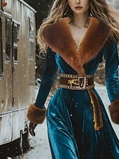 preiswerte Boho Kleider-Damen Maxikleid A Linie Kleid Lässig Täglich Normale Passform Einfach Ethnisch Langarm V Ausschnitt Blau Herbst Winter