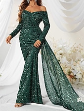 baratos Vestidos de baile-Sereia Vestidos de noite Elegante Traje formal Formal Casamento Cauda Escova Manga Longa Ombro a Ombro Renda com Pregas Franzido 2025