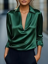 cheap Plain Blouses-Women's Satin Shirt Dress Shirt Blouse Solid Color Elegant Stylish Basic Long Sleeve Turndown V Neck Regular Tops Daily Work Party Blue Black White Wine Green Summer Spring Fall