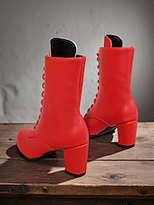 baratos Botas de tornozelo-Botas femininas de couro sintético com cadarço e salto grosso, estilo vintage, perfeitas para looks casuais e retrô.