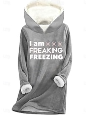 baratos Moletons forrados de fleece-Mulheres Pulôver Moletom Com Capuz Letra Quente Casual Difusa Manga Longa Com Capuz Tops longos Casual Esportes Imprimir Rosa Azul Cinzento Outono Inverno