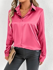 economico Top eleganti-Per donna Camicia Camicia in raso Tinta unica Elegante Casual Manica Lunga Colletto a Camicia Top Regolari Quotidiano Uscire Bottoni Rosa Viola Verde Primavera Autunno