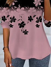 tanie koszulka w kwiaty-Damskie Podkoszulek Nadruk Ombre Kwiaty Graficzny Zabytkowe Elegancki Klasyczny Długi rękaw Półgolf Okrągły dekolt Zwykłe topy Codzienny Brudny róż Wiosna Jesień Zima