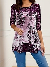 Noël Femmes Chemisier Fleuri Élégant Occasionnel manche longue Col ras du cou Hauts Réguliers Quotidien Paillettes Patchwork Imprimé Argent Vin Violet Fuchsia Dorée Printemps Automne Hiver abordables Blouse et Chemises de Noël-Noël Femmes Chemisier Fleuri Élégant Occasionnel manche longue Col ras du cou Hauts Réguliers Quotidien Paillettes Patchwork Imprimé Argent Vin Violet Fuchsia Dorée Printemps Automne Hiver