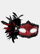 billige Motetilbehør-Damemaske med fjær og paljetter i burgunder med strass, gotisk venetiansk stil, kostymetilbehør til halloween-fester og maskeradeball