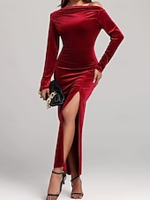 preiswerte abendkleider-Damen Midikleid Samtkleid Cocktailkleid Elegant Mode Modern Outdoor Party Party-Abendmode Normale Passform Einfach Langarm Schulterfrei Rote Frühling Herbst