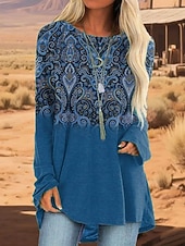 abordables T-shirt Boho-Femmes T-shirt Graphique Tribal ancien Élégant Occasionnel manche longue Col ras du cou Hauts Longs Quotidien Sortir Week-end Imprimé Bleu Violet Vert Kaki Printemps Automne